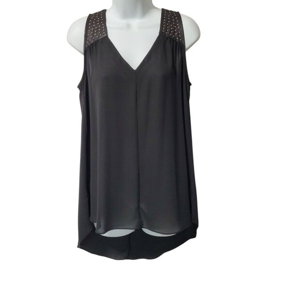 Vintage Y2K Tank Top S Shell Black Studs Hi Low V-Neck Split Back Gauzy - Picture 1 of 12